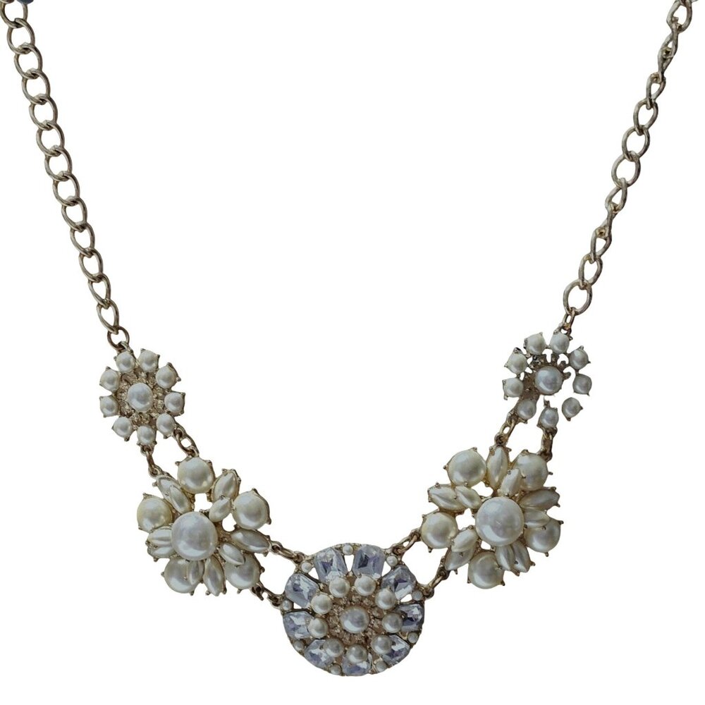 Vintage Elegant Faux Pearl Rhinestone Flower Necklace Statement Fashion Jewelry